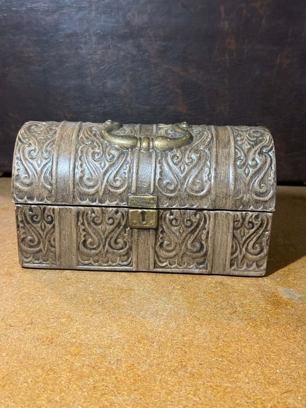 Vintage Metal Trinket Box Treasure Chest Distressed Scrollwork Jewelry Box